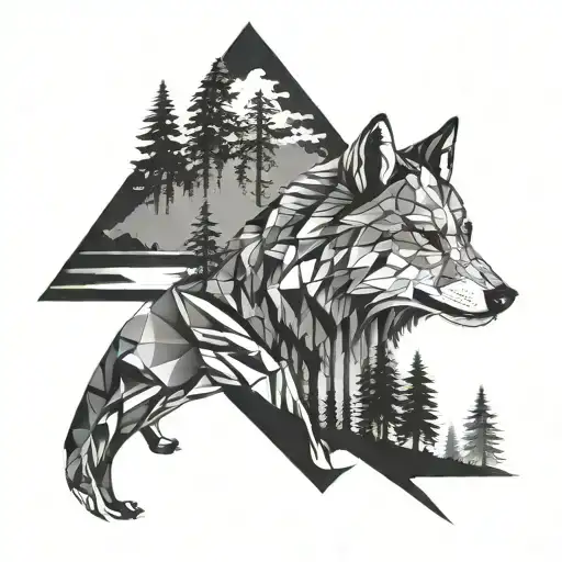 An abstract geometric design of a wolf's silhouette merging with the silhouette of a fast car, set against a backdrop of a mystical forest and lake tattoo design idea
