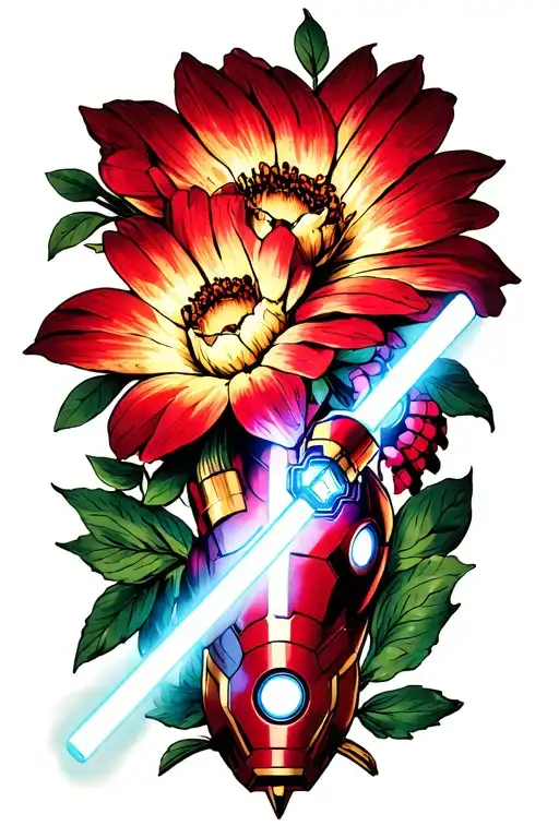 A traditional style tattoo of the Beauty and the Beast flower intertwined with a lightsaber and Iron Man's arc reactor tattoo design idea