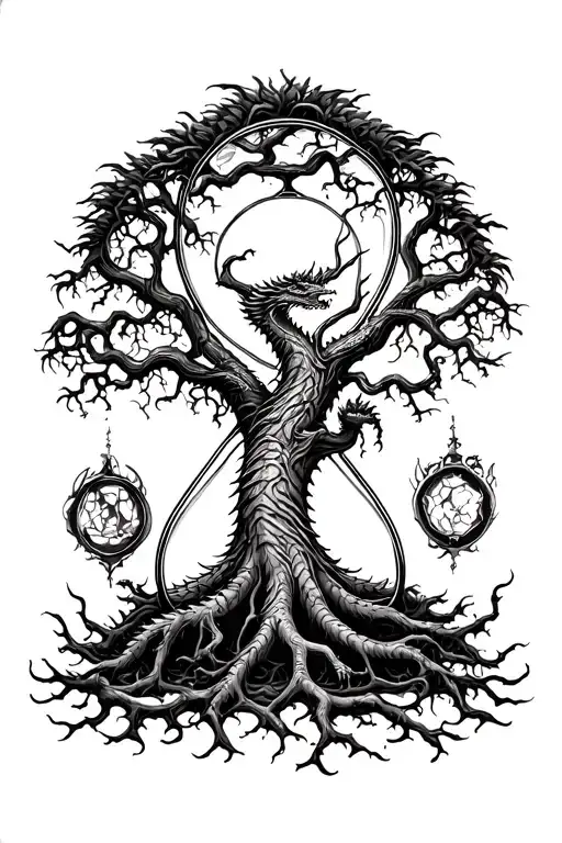 yggdrasil tree with dragon at roots in a hourglass tattoo design idea