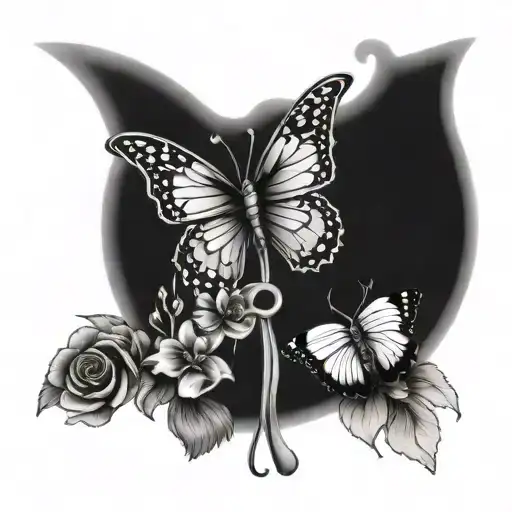 Cross with semicolon butterfly and flowers growing tattoo design idea