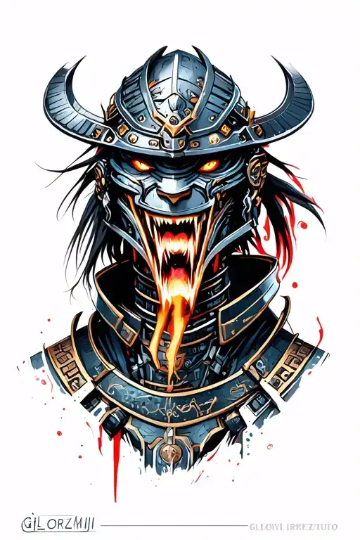 Ultra-detailed Japanese samurai cyberpunk tattoo design, fierce robotic samurai warrior with a demonic expression, glowi tattoo design idea