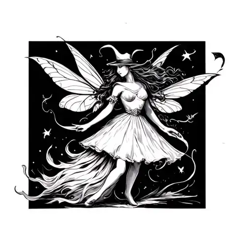 A fairy and a witch dancing dark tattoo design idea