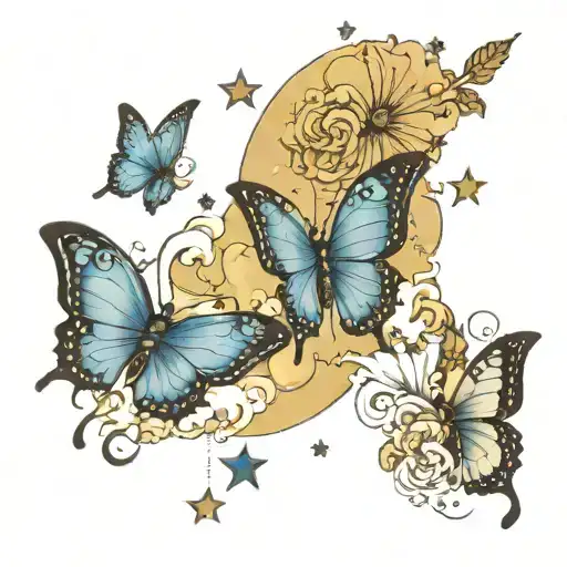 three small blue butterflies with moon and stars with clouds in the background giving a feeling of deja vu tattoo design idea