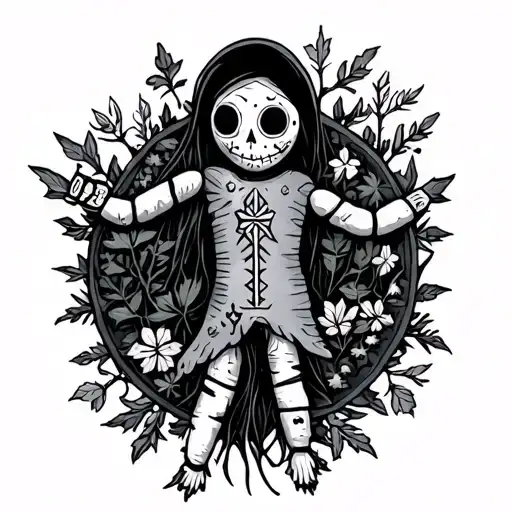 A voodoo doll surrounded by symbols of Norway nature tattoo design idea