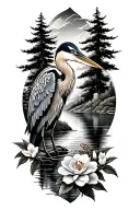 flowing river, great blue heron, cypress trees, camelia flowers tattoo design idea