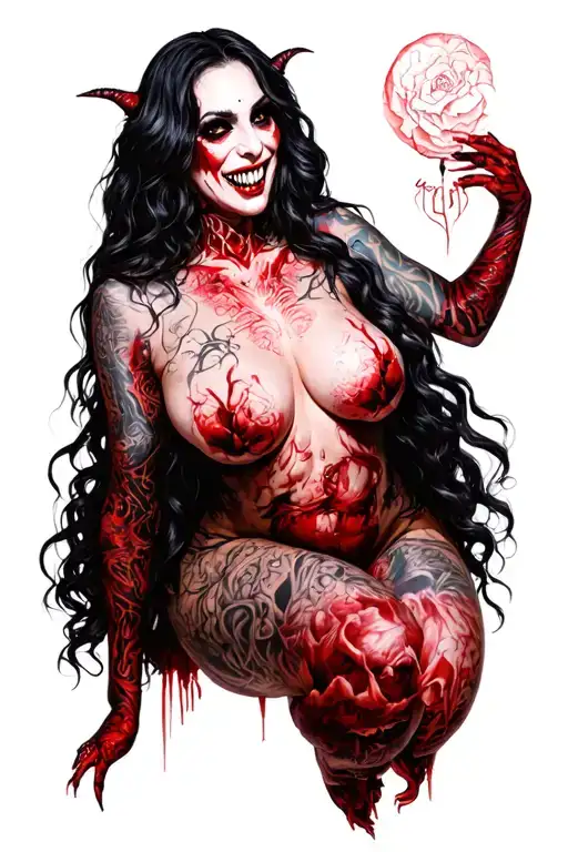 sexy nude vampire, huge boobs, sexy smile, full body tattoo design idea