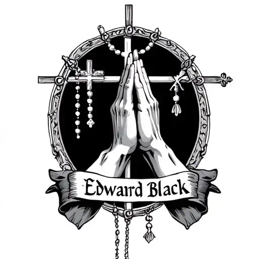 Could you make me a tattoo on the front of an arm with manly praying hands wrapped in a rosary with the name Edward  tattoo design idea