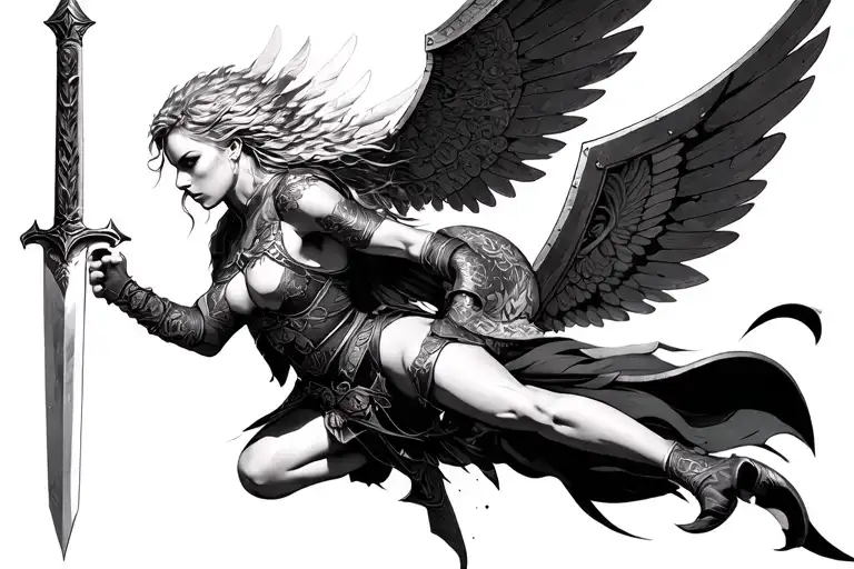 Valkyrie midair attack pose with sword and shield tattoo design idea