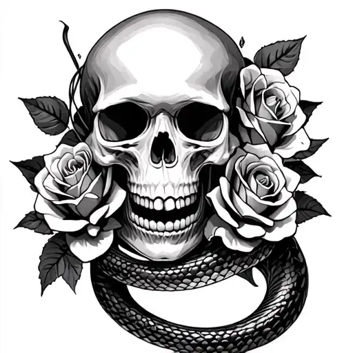 Skull and roses with pretty snake wrapped around it tattoo design idea