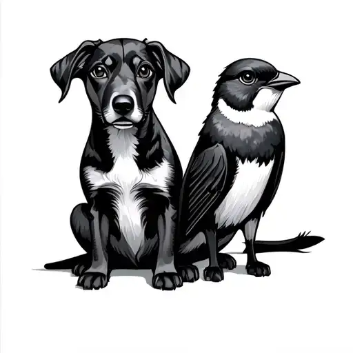 small bird and dog sitting tattoo design idea