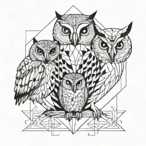 mother and baby owl fine line tattoo design idea