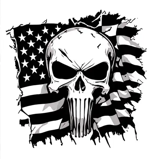 tattered punisher skull in front of American flag tattoo design idea