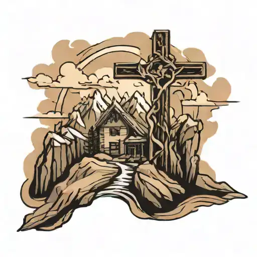Cross on top of mountain peak on forearm tattoo design idea