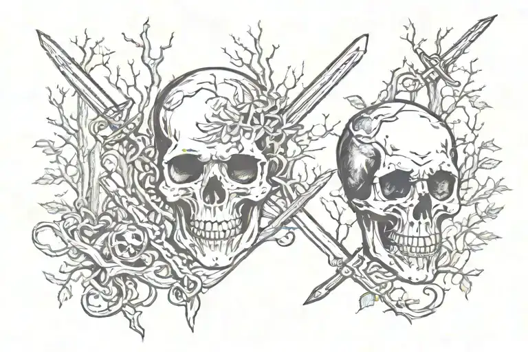 skulls and death swords spooky forest tattoo design idea