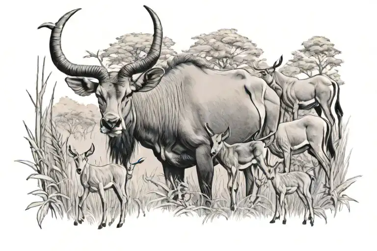 eland with baby calves exploring a lush forest (just the heads) tattoo design idea