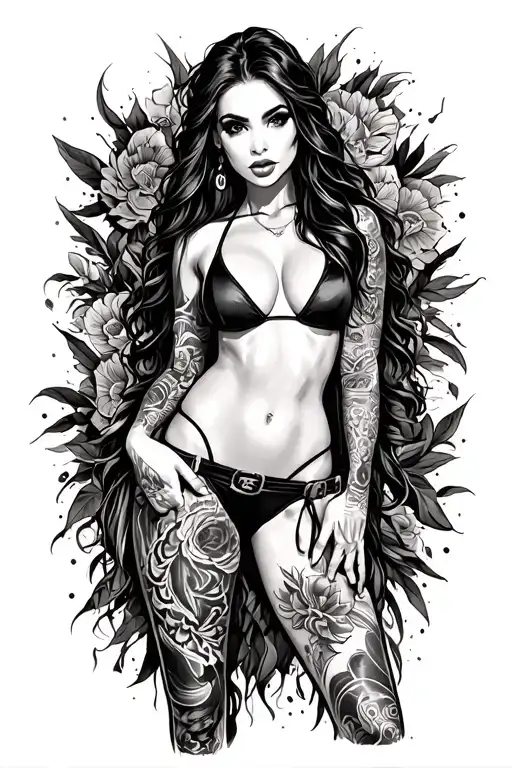 Sexy girl, petite, small boobs, wide hips, bikini . long hair,sexual. Seductive. Full Body, standing with legs and feet tattoo design idea