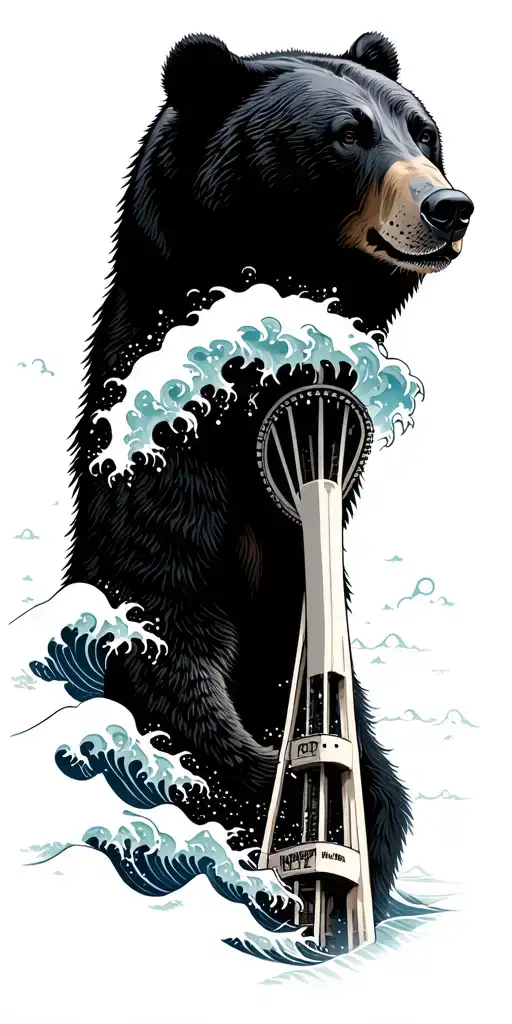 black bear, space needle, waves crashing in the background tattoo design idea