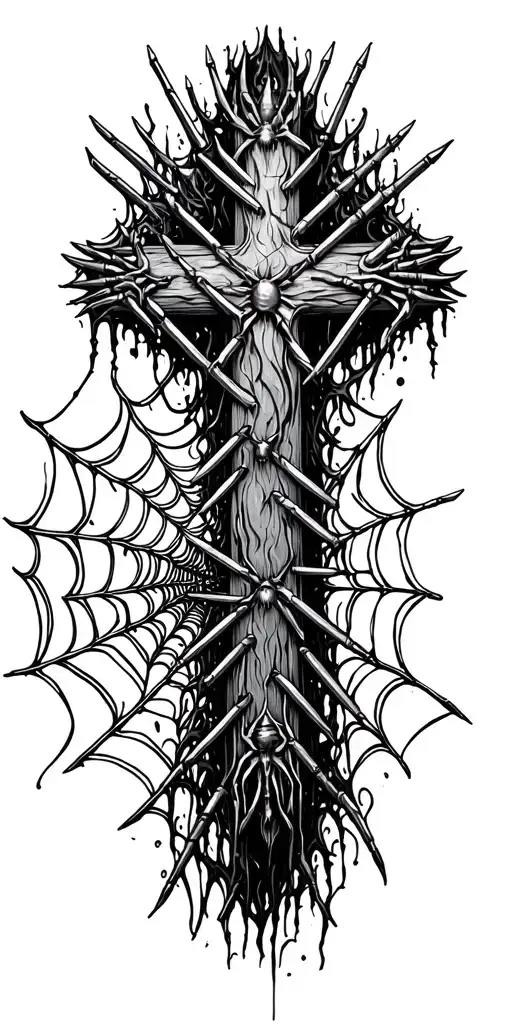 cross made of nails surrounded by spider webs tattoo design idea