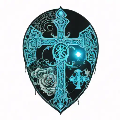 ankh with feathers and blue highlights and roses and vines spiraling from the top tattoo design idea