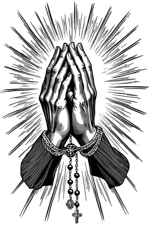 prayer hands with rosary with sun rays tattoo design idea