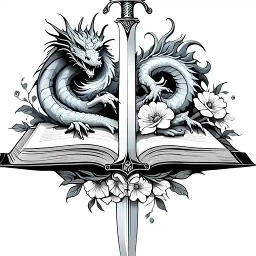 books with dragon and sword with flowers intertwined tattoo design idea