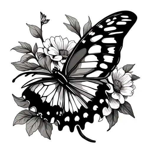 butterfly and flowers trampstamp line work tattoo design idea