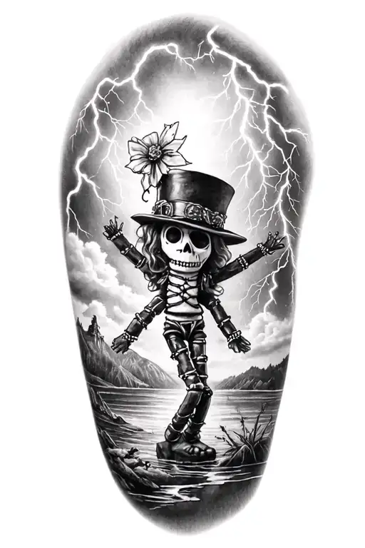 voodoo doll with cylinder hat and lightining storm and fjord and nature tattoo design idea