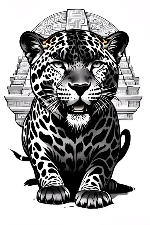 Spotted Jaguar standing with a Mayan temple behind him tattoo design idea