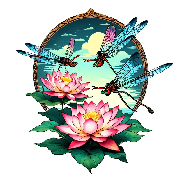 lotus flower with two dragonflies flying tattoo design idea