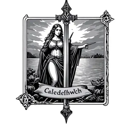 Laady of the Lake catching excalibur styled as a tarot card, with the banner "Caledfwlch" tattoo design idea