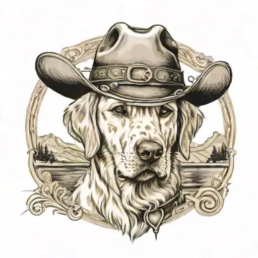 older golden female Labrador with a cowgirl hat on and collar and western background tattoo design idea