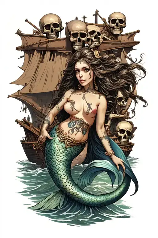 A mermaid warrior guarding a shipwreck surrounded by pirate skeletons tattoo design idea