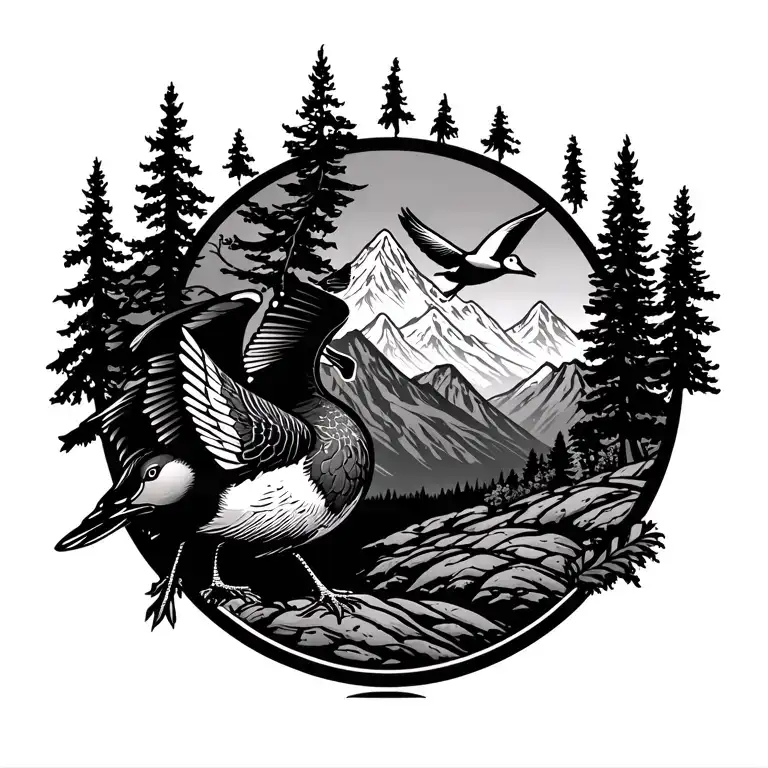  outdoor elements like trees, mountains with flying duck tattoo design idea