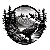  outdoor elements like trees, mountains with flying duck tattoo design idea