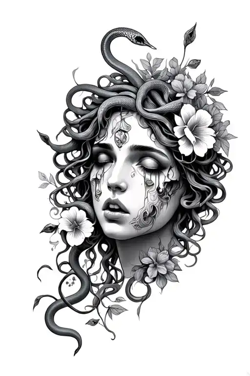 pretty Medusa face crying with snakes and flowers tattoo design idea