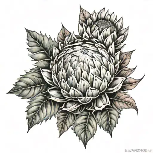 Protea and sunflower with leaves  tattoo design idea