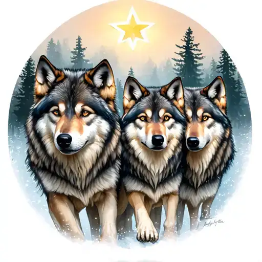 family of four wolves being guided through forest by 3 bright stars tattoo design idea