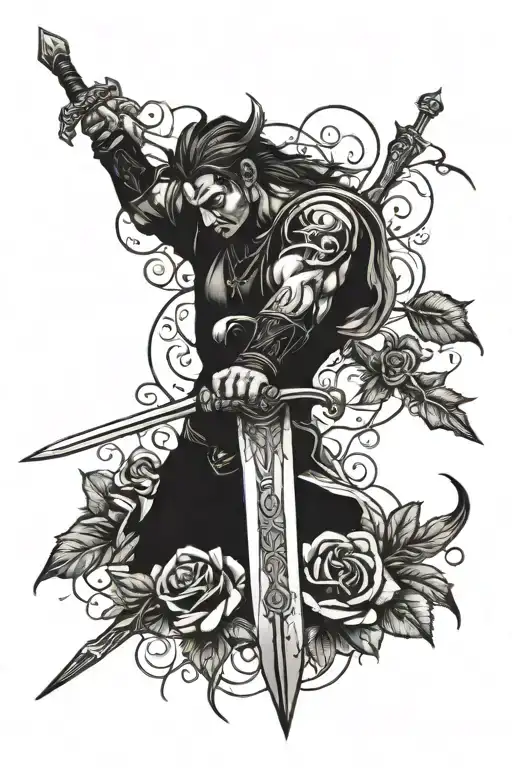 micheal slaying the devil sword rose  tattoo design idea