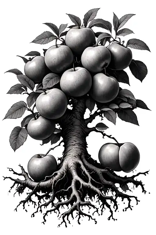 tree with 9 fruits on it with roots tattoo design idea