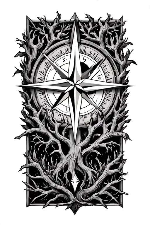 tree compass rose cross surrounded tattoo design idea