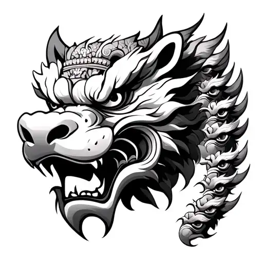 Generate a tattoo design of a head of a foo dog facing forward, surrounded by seven Thai nagas heads, 3 on each side fac tattoo design idea