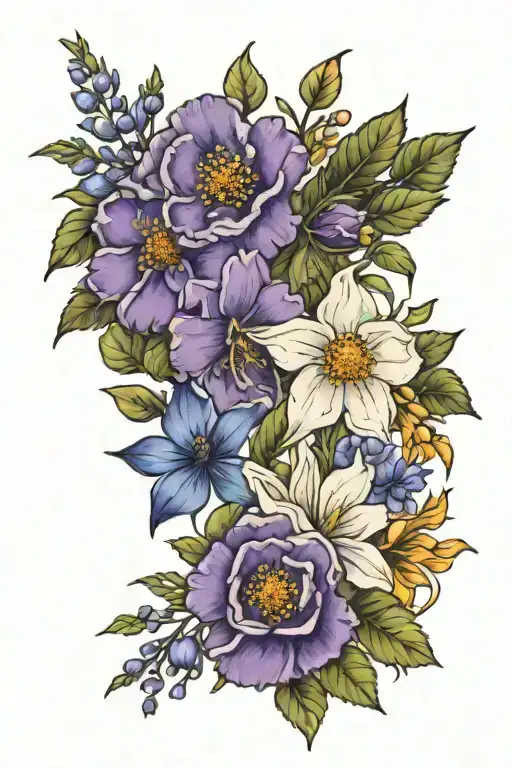 violet, rose, honeysuckle, larkspur, marigold, cosmos tattoo design idea