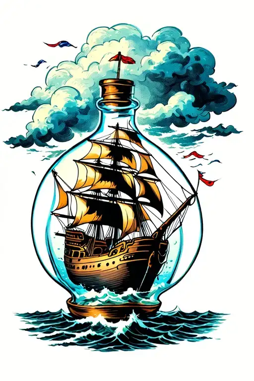 ship in a bottle surrounded by a storm tattoo design idea