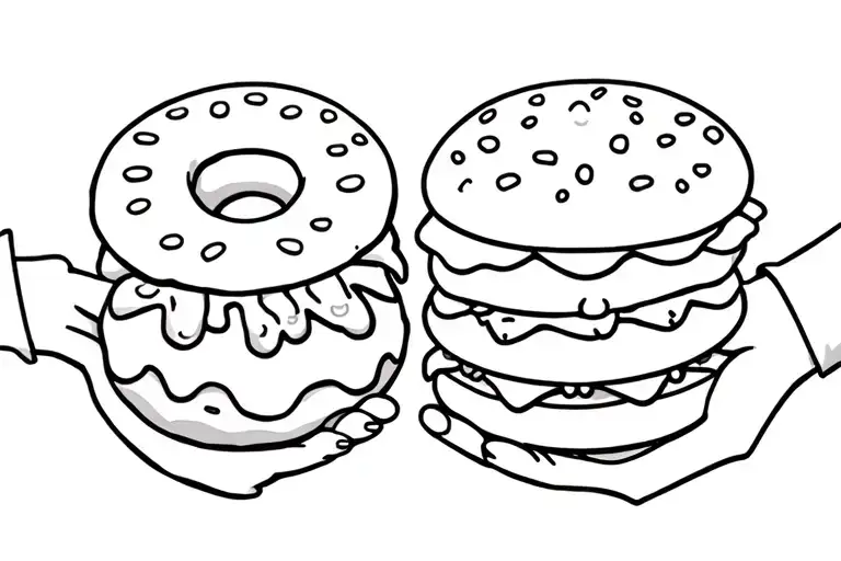 cartoon donut and burger holding hands tattoo design idea