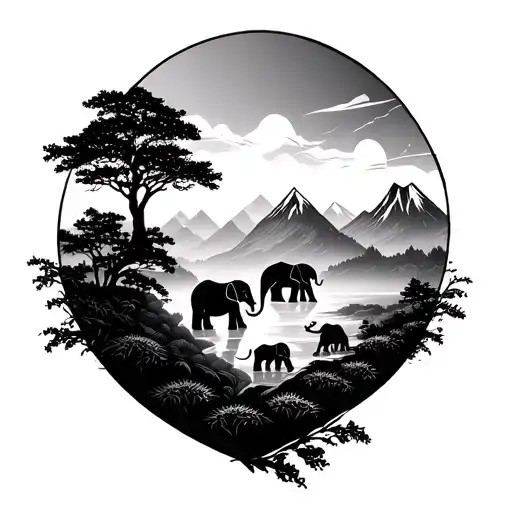 Create a fine black line geometric tattoo. The tattoo is to be landscape shape. mountains. trees. family of 4 Elephants  tattoo design idea
