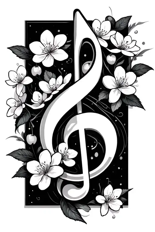 music note intertwined with cherry blossoms  tattoo design idea