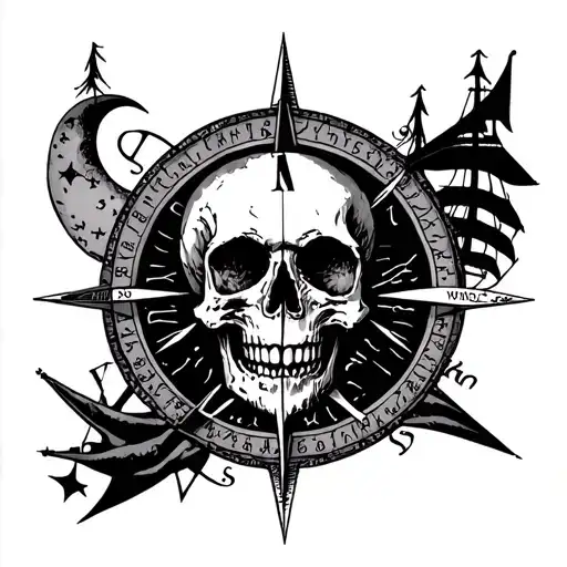 Compass rose skull moon twelve masted clippership treasure map tattoo design idea