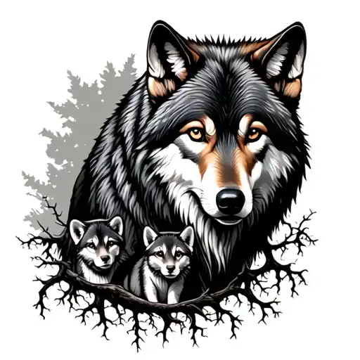 wolf with cubs near tree with deep roots forming tattoo design idea
