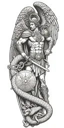 st Michael the archangel as a marble statue standing over a snake, holding traditional sword and large shield tattoo design idea