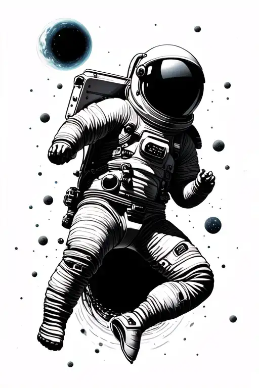astronaut floating in space looking in black hole tattoo design idea